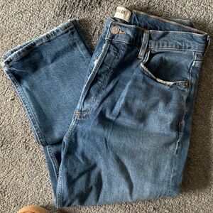 Agolde, Riley,Light Blue Denim Jeans with Brown Contrast Stitching